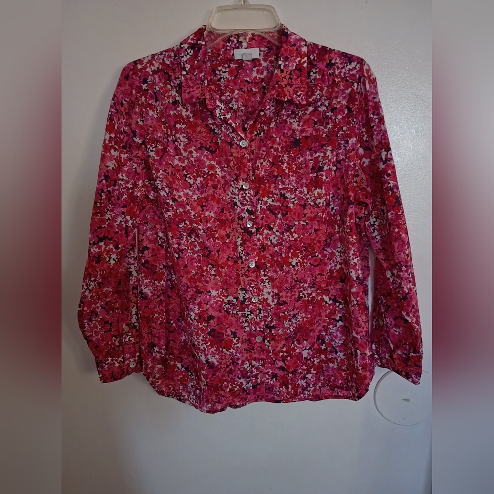 J. Jill Red Women's Floral Shirt‎ 100% Cotton Sz M